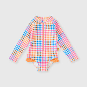 Rainbow Gingham Long Sleeve Frill Swimsuit