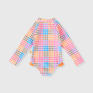 Rainbow Gingham Long Sleeve Frill Swimsuit