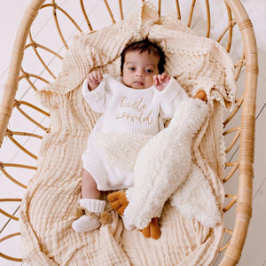 Hello World Chunky Knit Romper - Caramel Font