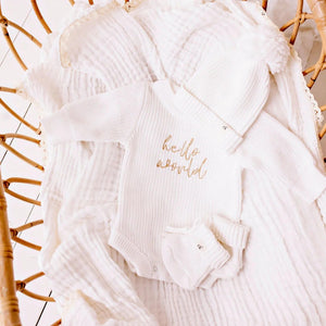 Hello World Chunky Knit Romper - Caramel Font