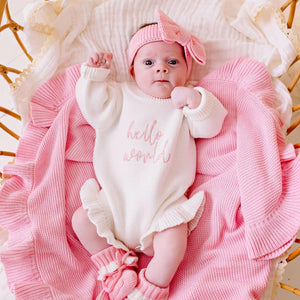 Hello World Chunky Knit Romper - Blush Font
