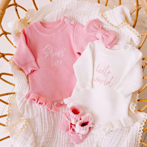 Hello World Chunky Knit Romper - Blush Font