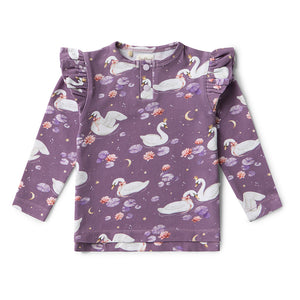 Midnight Swan Long Sleeve Top With Frill
