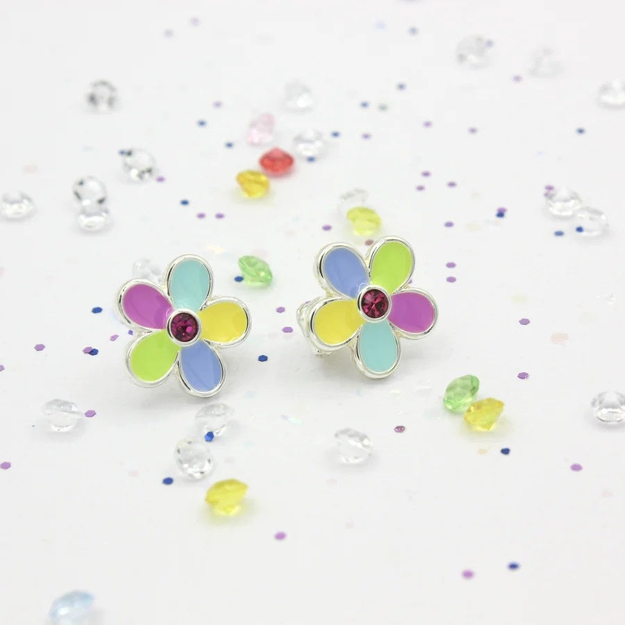 Rainbow Flower Clip-On Earrings