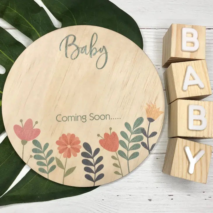 Baby Coming Soon - Wooden Announcement Disc (Floral)