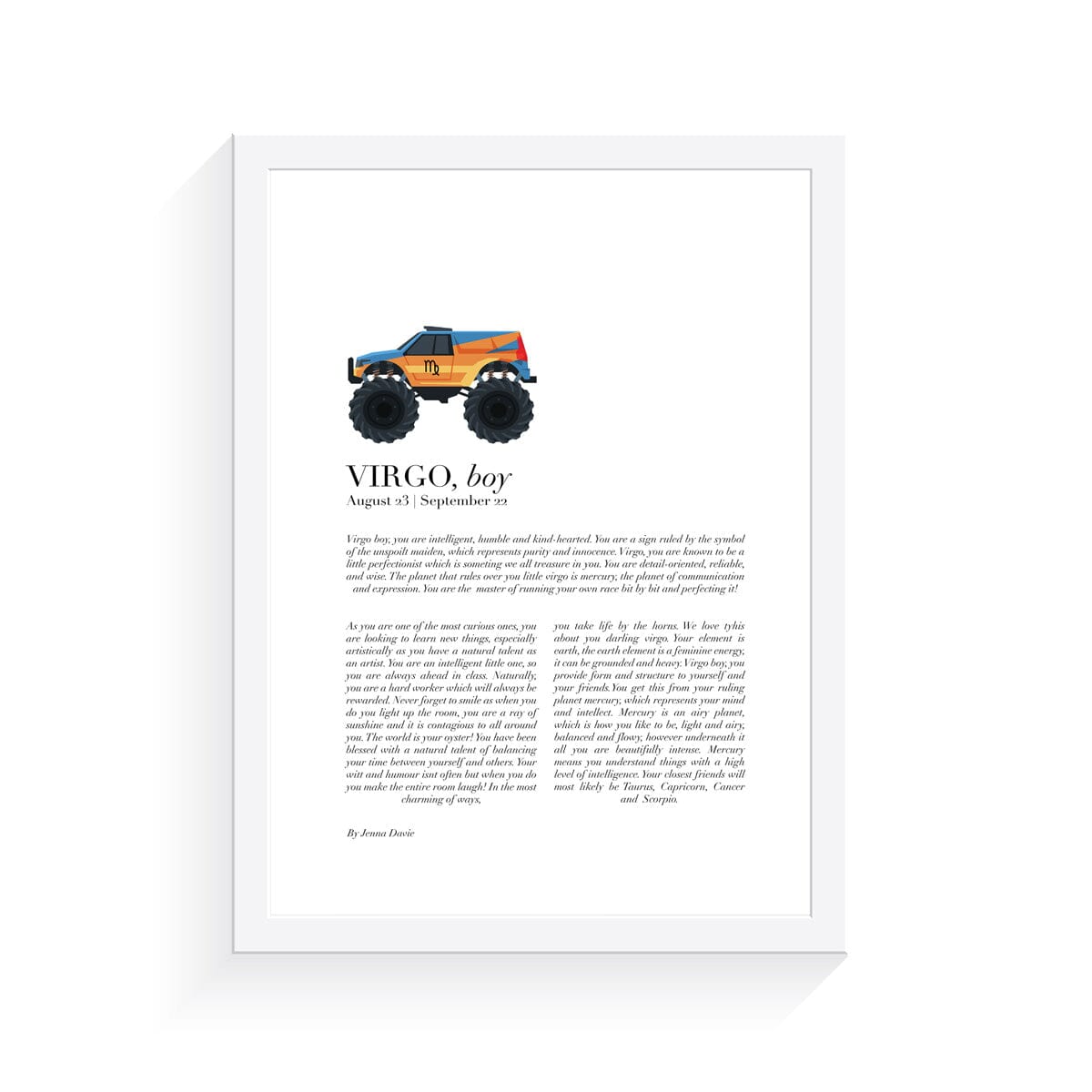 Monster Truck Zodiac A4 Print (Virgo)