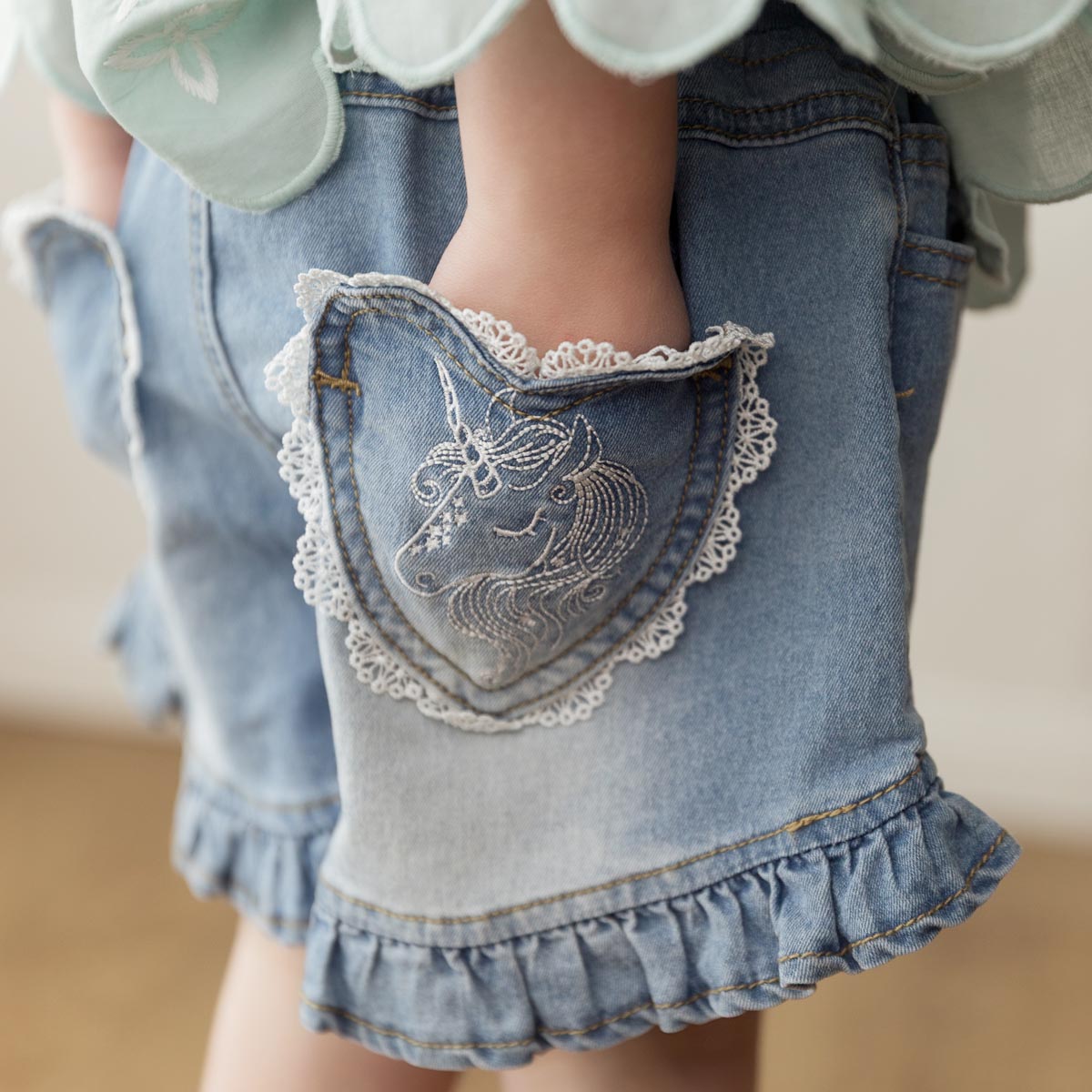 Unicorn Frill & Lace Denim Shorts