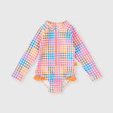 Rainbow Gingham Long Sleeve Frill Swimsuit
