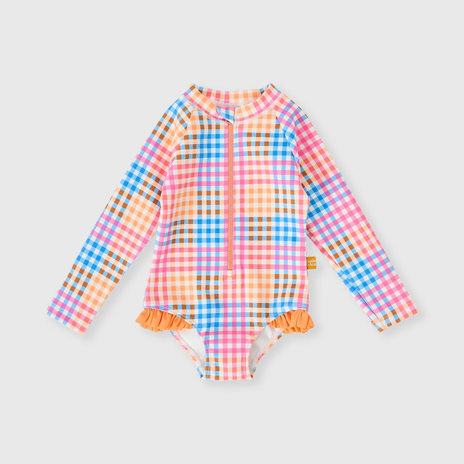 Rainbow Gingham Long Sleeve Frill Swimsuit
