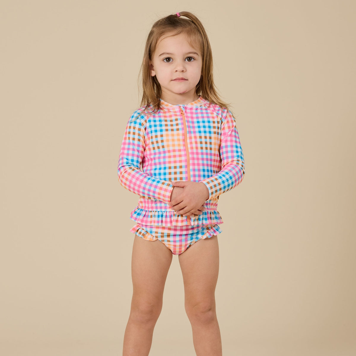 Rainbow Gingham Long Sleeve Frill Swimsuit