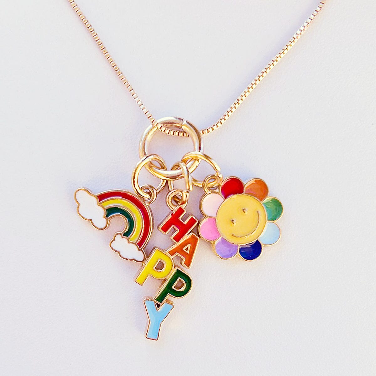 Happy, Rainbow & Flower Charm Necklace