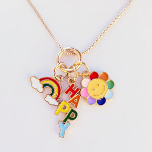 Happy, Rainbow & Flower Charm Necklace