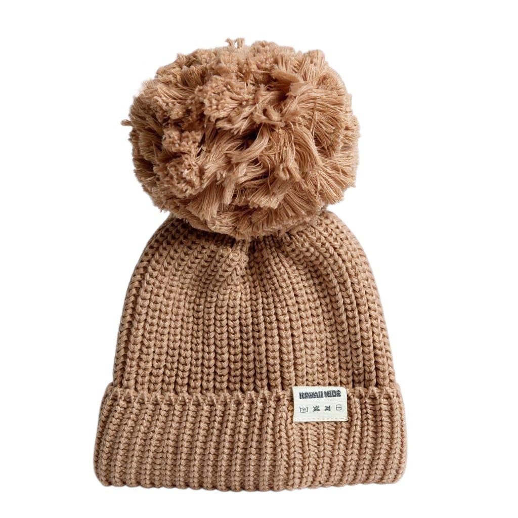 Knitted Pom Pom Beanie (Latte)