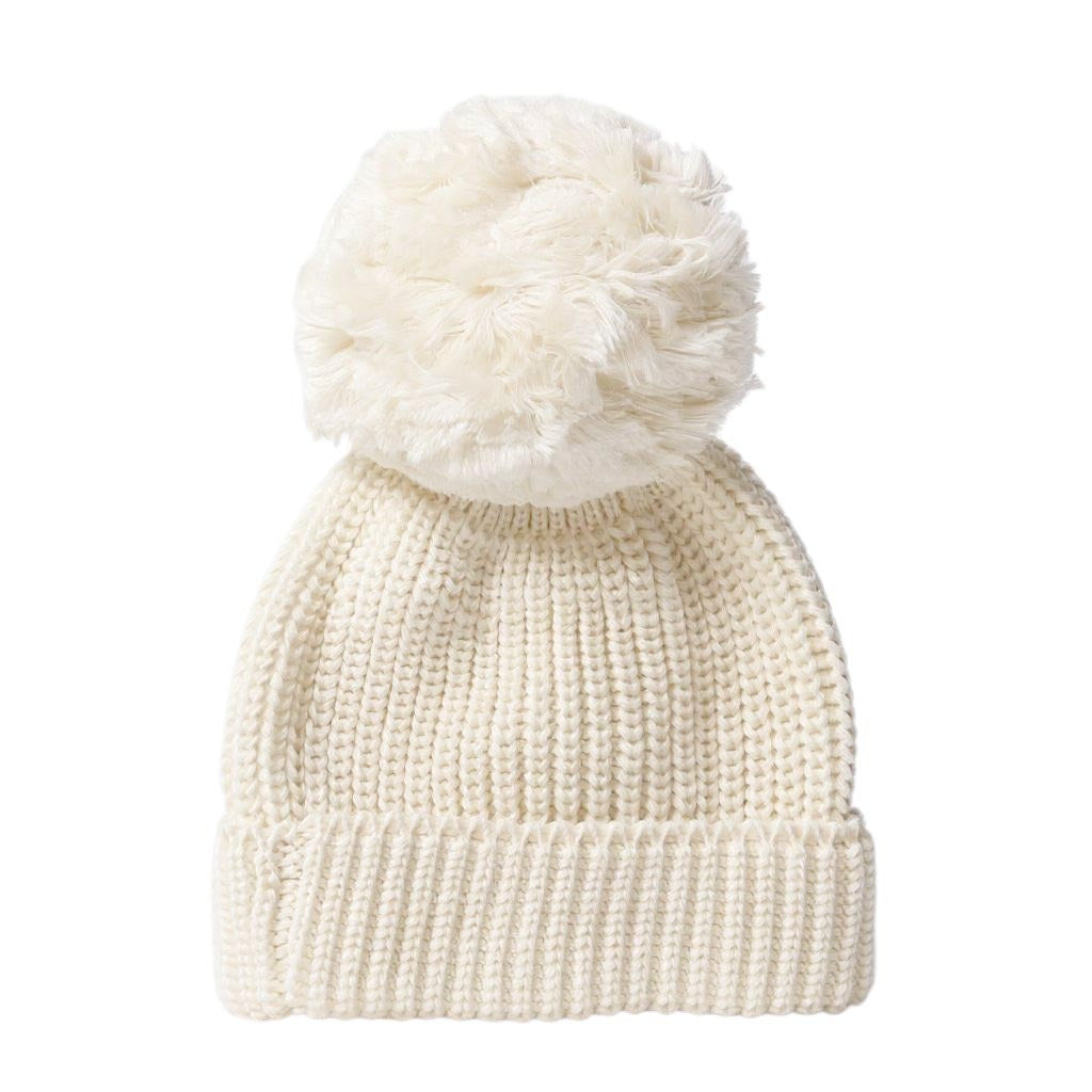 Knitted Pom Pom Beanie (White)