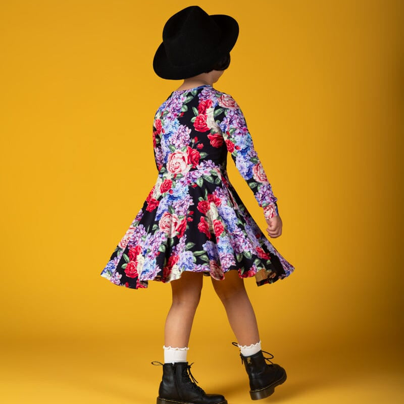 MIDNIGHT FLORALS LS WAISTED DRESS