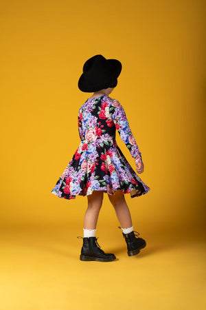 MIDNIGHT FLORALS LS WAISTED DRESS