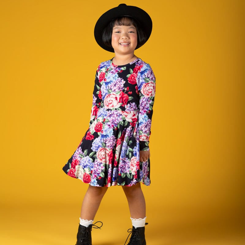 MIDNIGHT FLORALS LS WAISTED DRESS