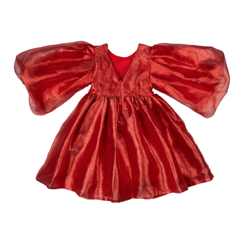 Red Metallic Puff Sleeve Dress