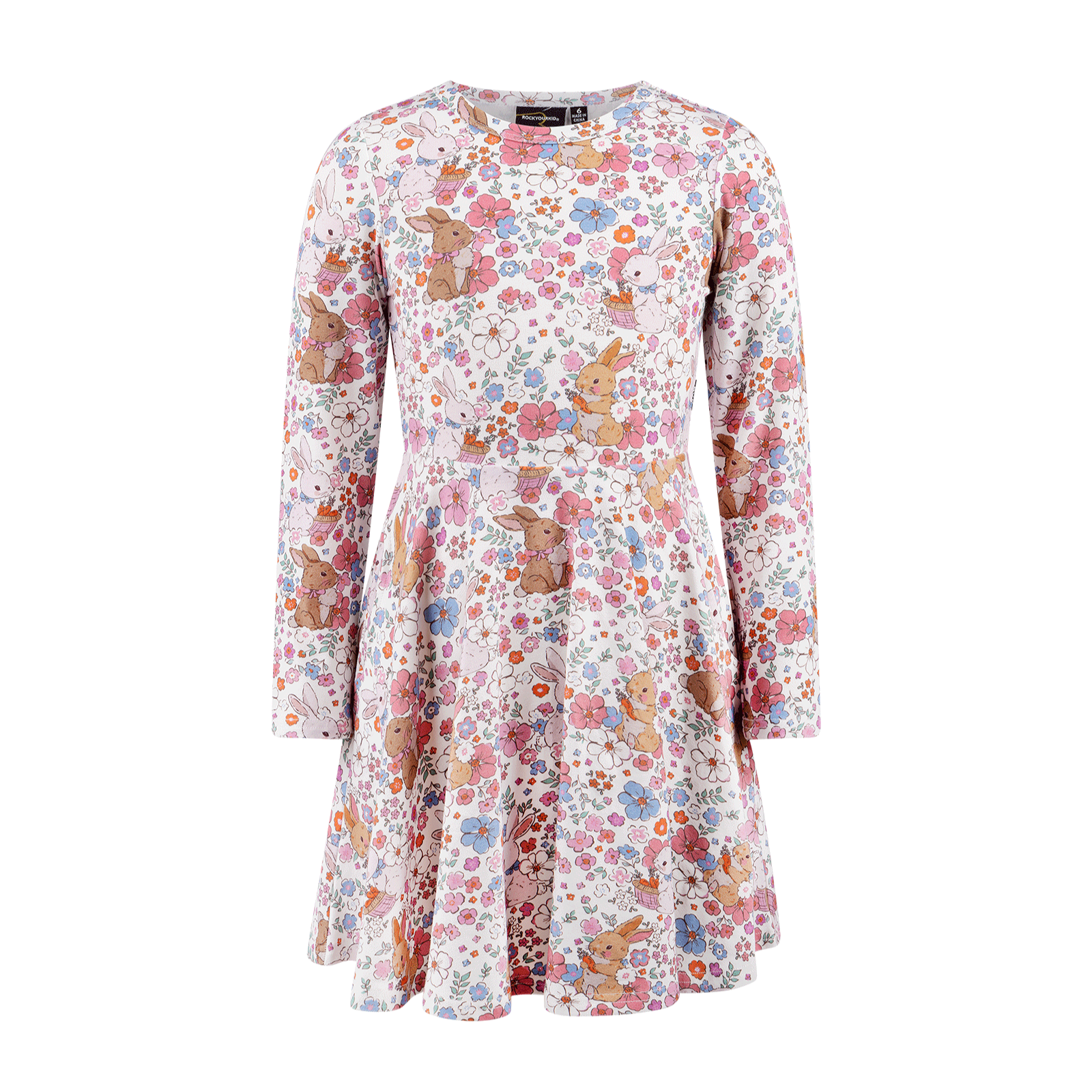 Ditsy Bunny Long Sleeve Waisted Dress