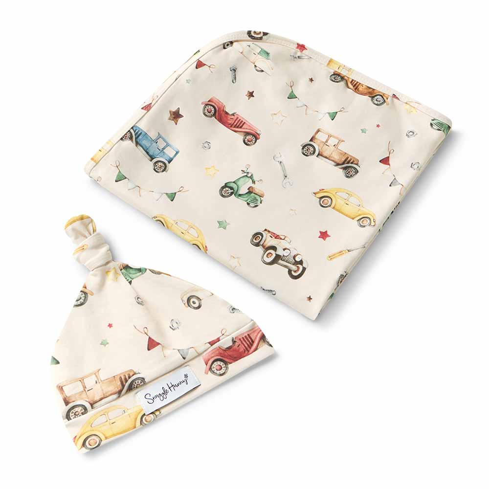 Vintage Cars Jersey Wrap & Beanie Set