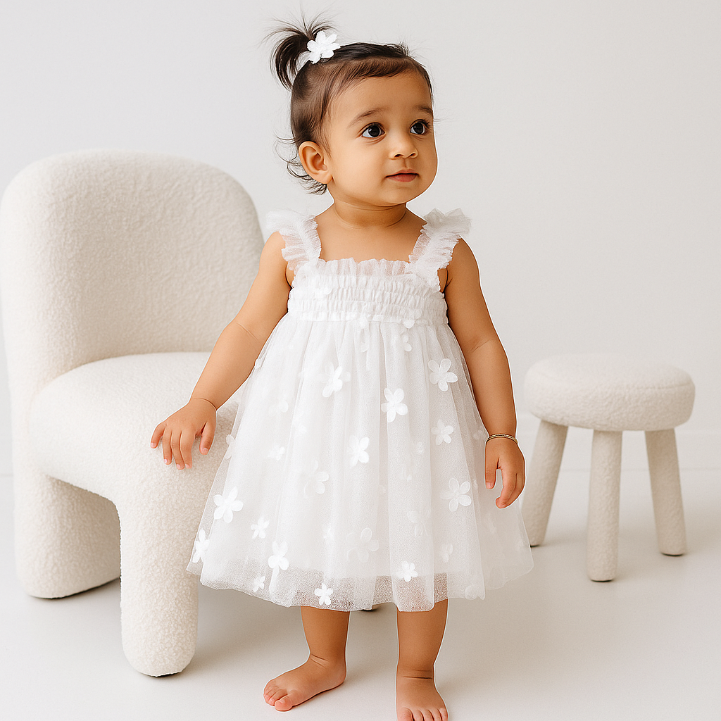 Floral Tulle Party Dress (White)