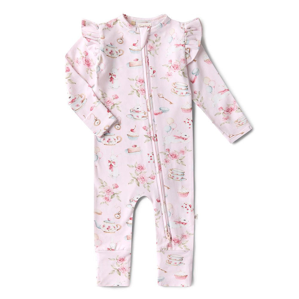 Alice`s Tea Party Snugglesuit Convertible Romper With Frill