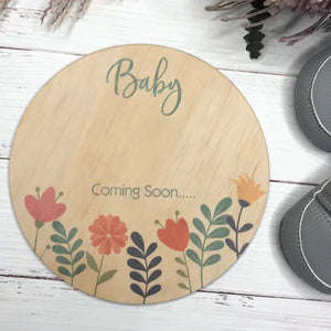 Baby Coming Soon - Wooden Announcement Disc (Floral)