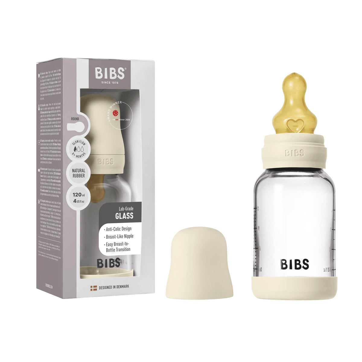 Glass Baby Bottle Latex Complete Set 120ml (Ivory)