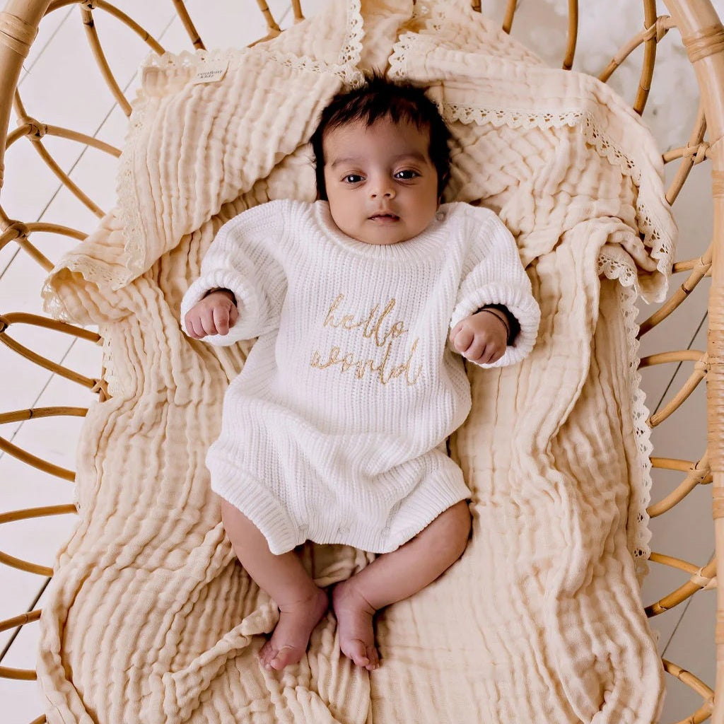 Hello World Chunky Knit Romper - Caramel Font