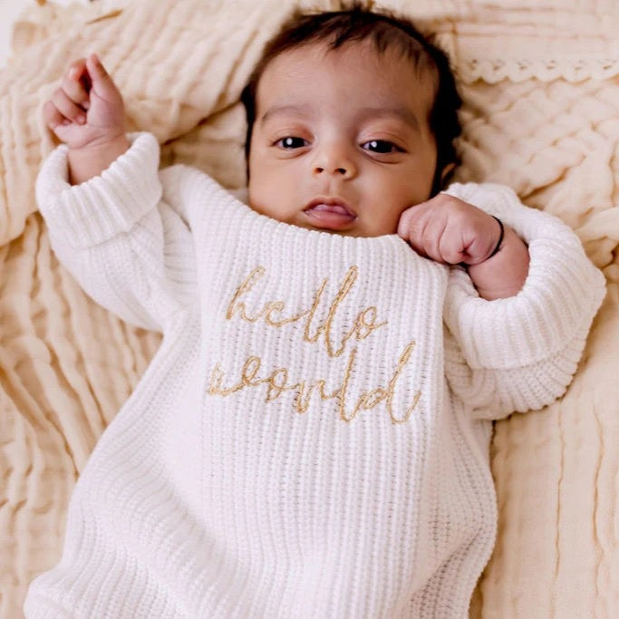 Hello World Chunky Knit Romper - Caramel Font