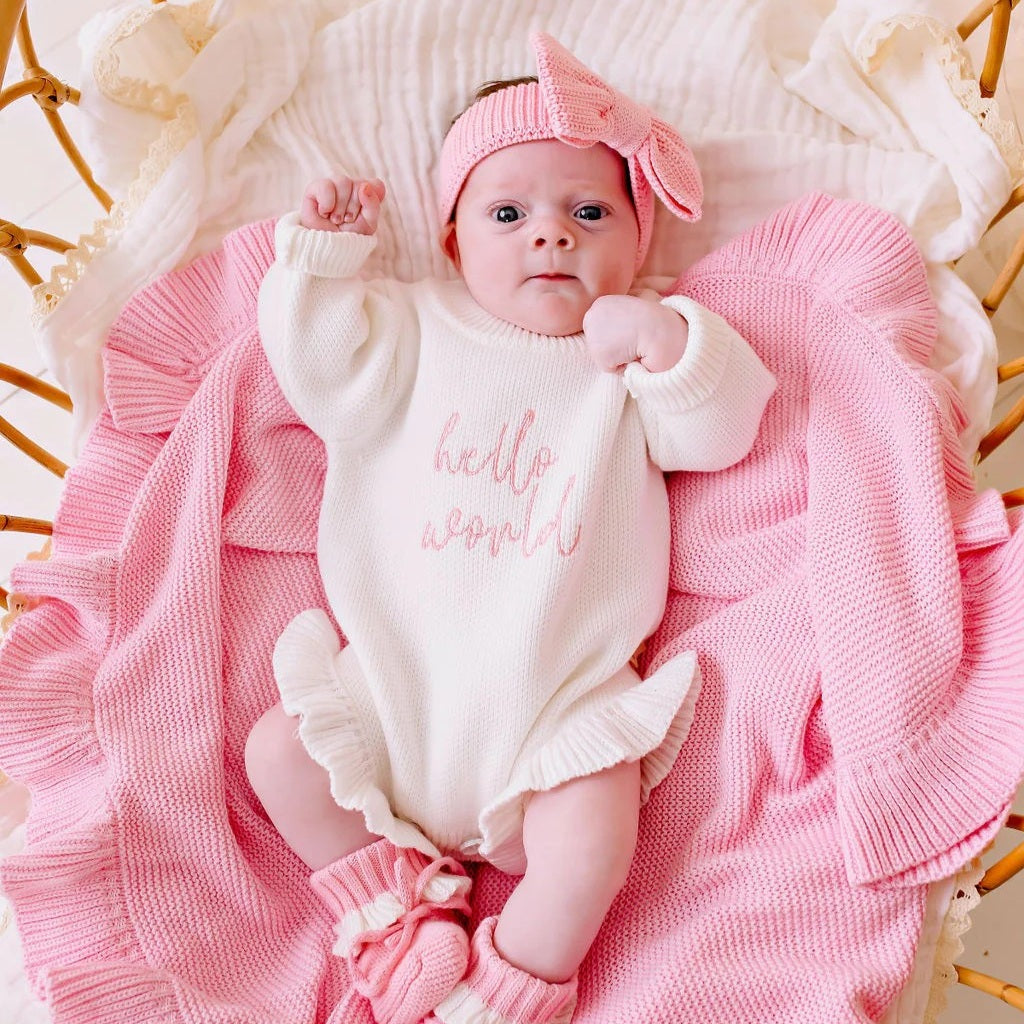 Hello World Chunky Knit Romper - Blush Font