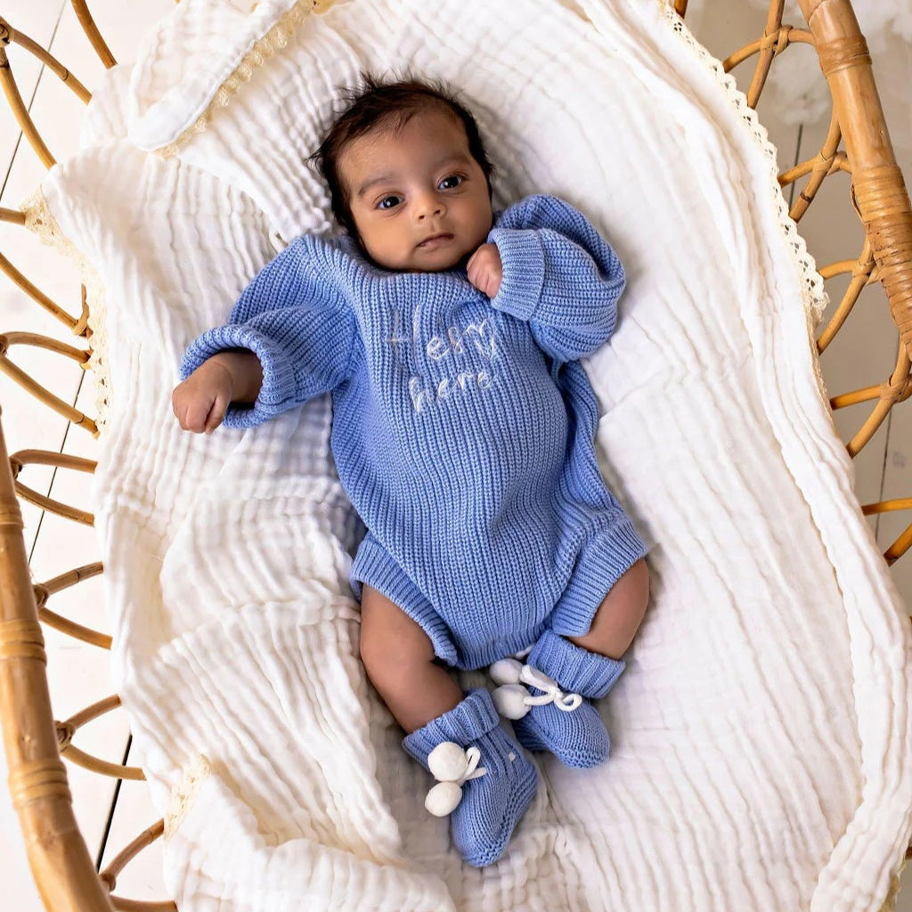 He`s Here Chunky Knit Romper - Sky