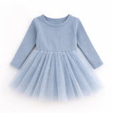 Dusty Blue Dots Long Sleeve Tulle Dress