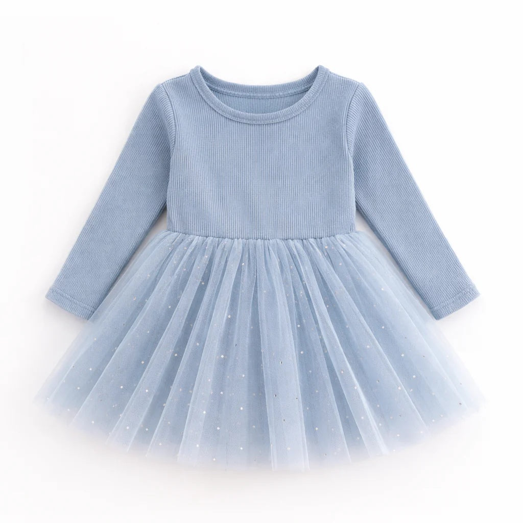 Dusty Blue Dots Long Sleeve Tulle Dress