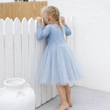 Dusty Blue Dots Long Sleeve Tulle Dress