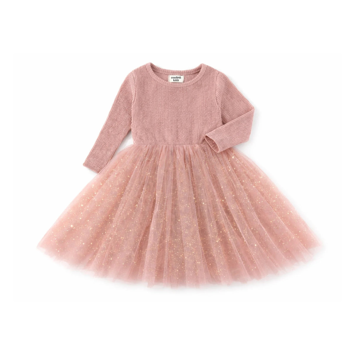 Dusty Pink Sparkles Long Sleeve Tulle Dress