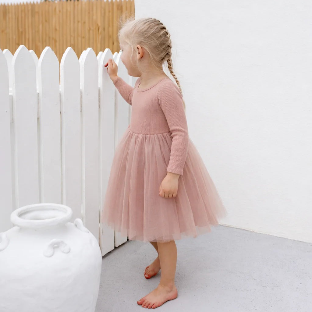 Dusty Pink Sparkles Long Sleeve Tulle Dress