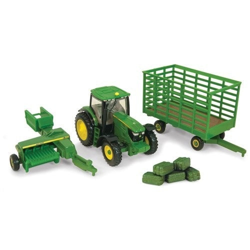 1:64 John Deere6210R Tractor With338 Square Baler, Bale Wagon And 6 Bales