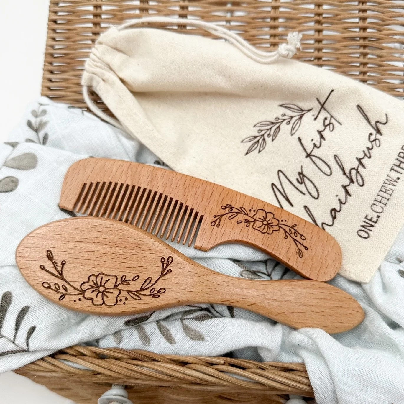 Wooden Baby Hairbrush And Comb Set - Vintage Floral