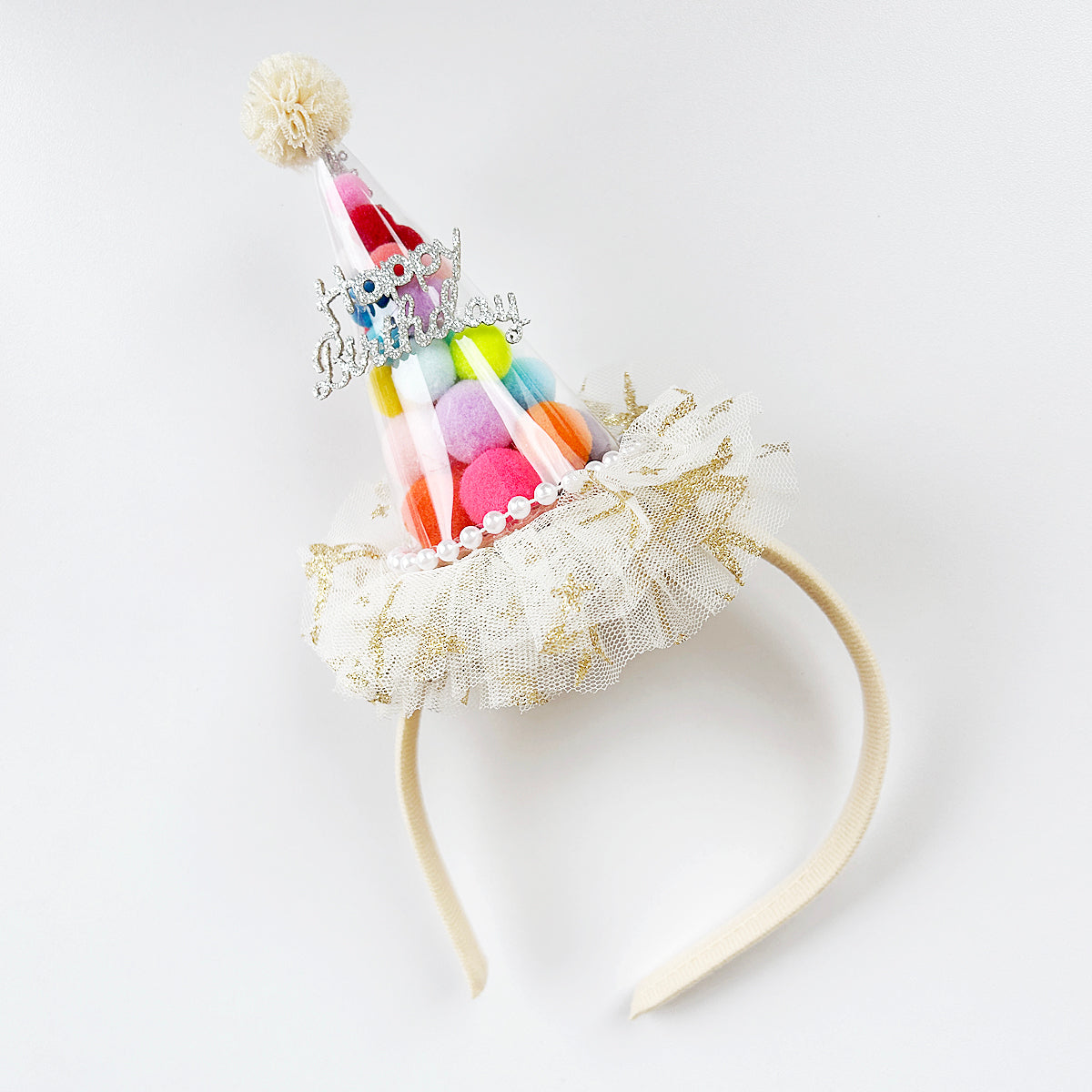 Pom Pom & Tulle Party Hat Headband (Gold)