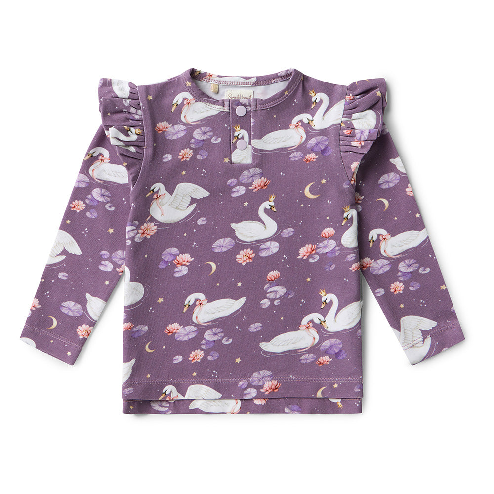 Midnight Swan Long Sleeve Top With Frill
