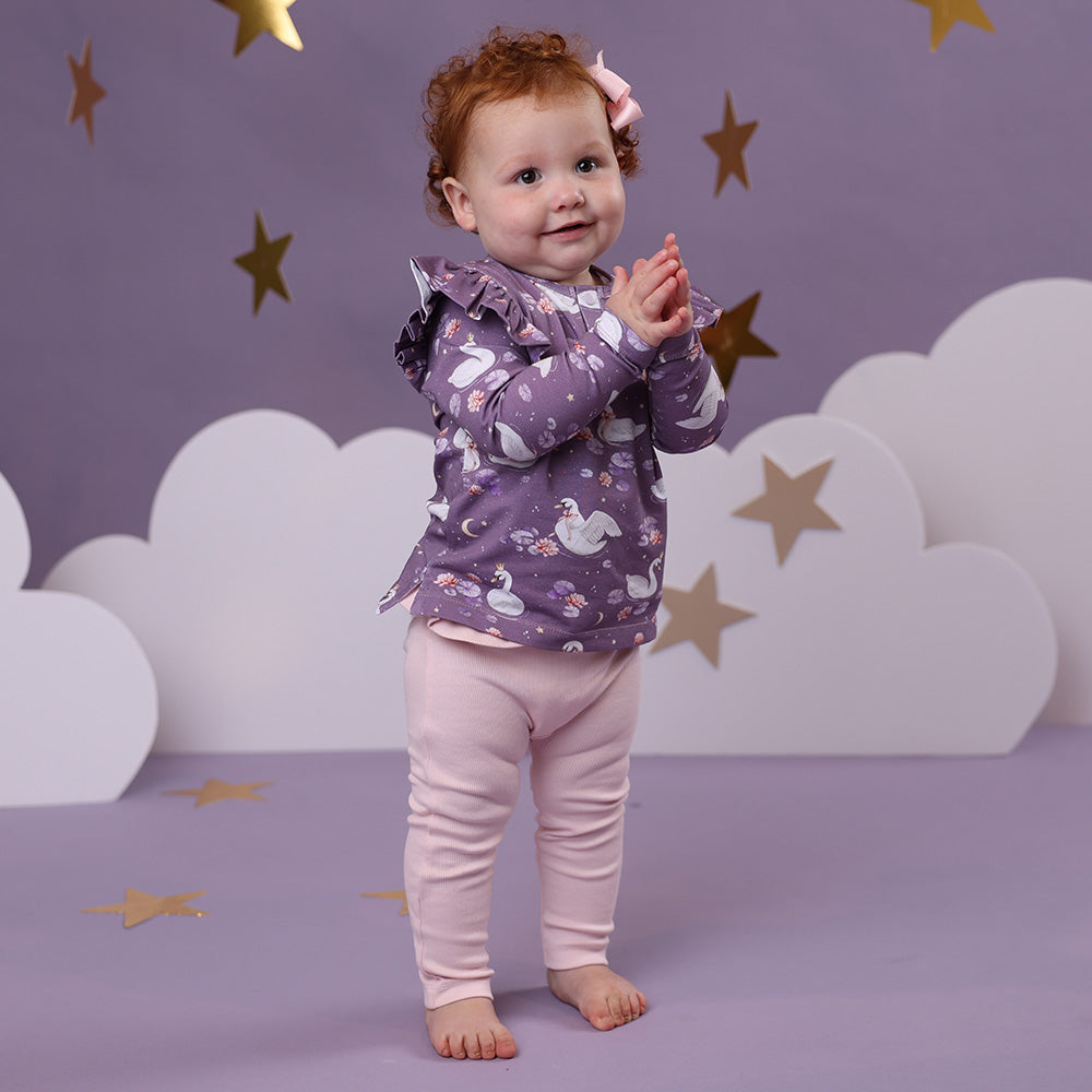 Midnight Swan Long Sleeve Top With Frill