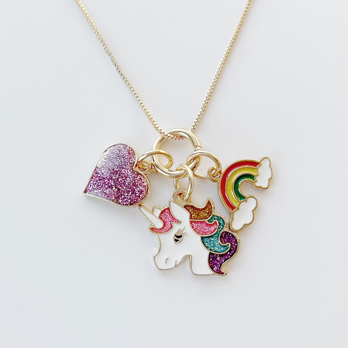 Glitter Unicorn, Heart & Rainbow Charm Necklace