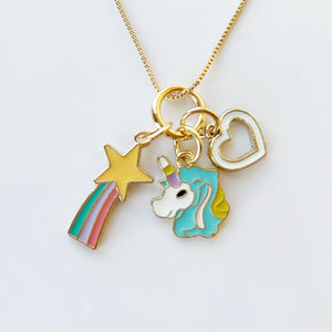 Blue Unicorn, Star & Heart Charm Necklace
