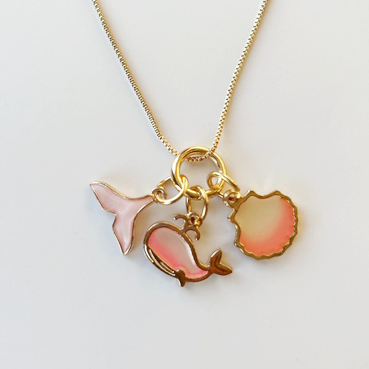 Pink Whale, Tail & Shell Charm Necklace