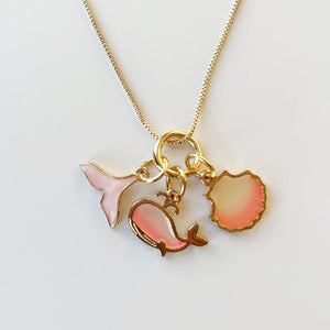 Pink Whale, Tail & Shell Charm Necklace