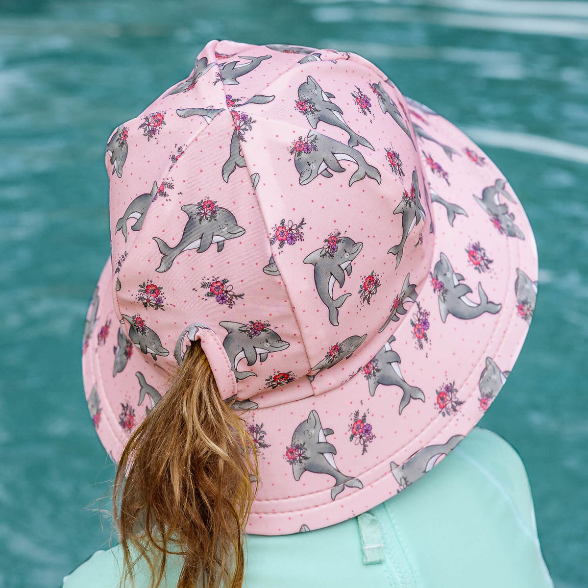 Ponytail Swim Bucket Beach Hat (Dolphin)