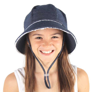 Ponytail Bucket Hat (Denim Ruffle Trim)