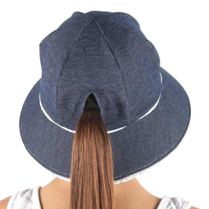 Ponytail Bucket Hat (Denim Ruffle Trim)