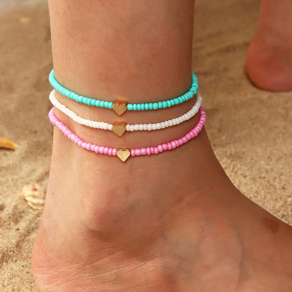 Heart Bead Anklet Set